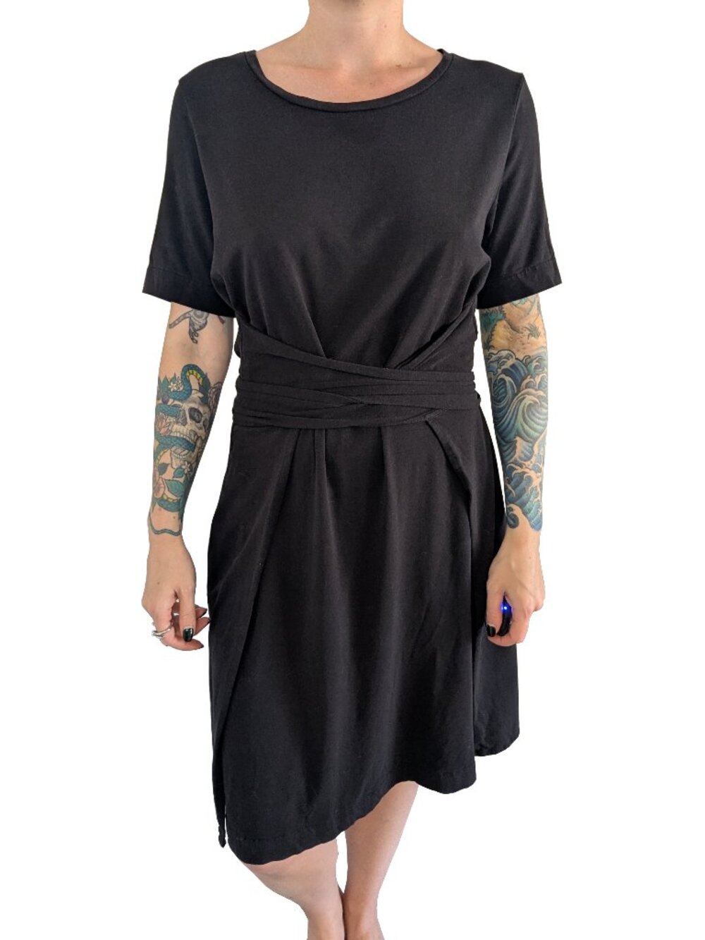 Cuyana Black Wrap Tie Waist T-Shirt Dress Knee Length | S